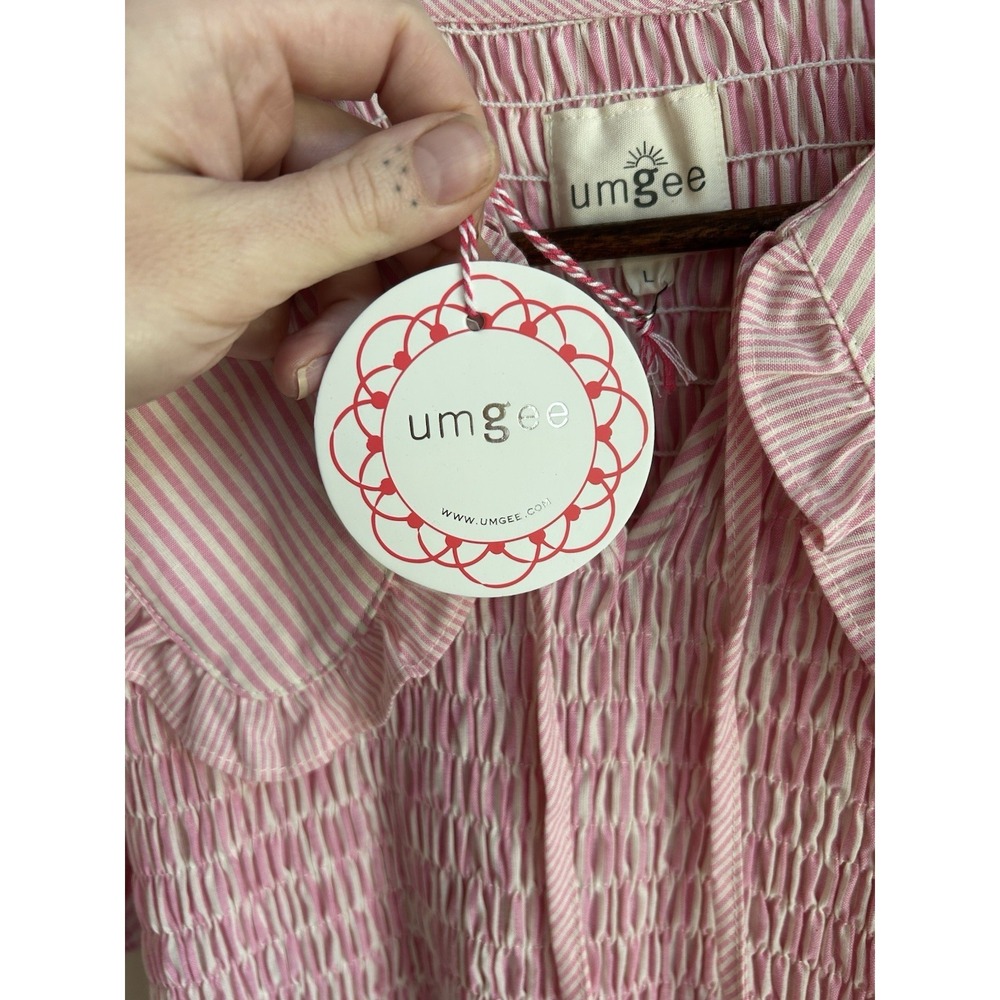 Umgee Striped Smocked Mini Dress NWT L Pink Peter Pan Collar Ruffle Coquette - Picture 10 of 11